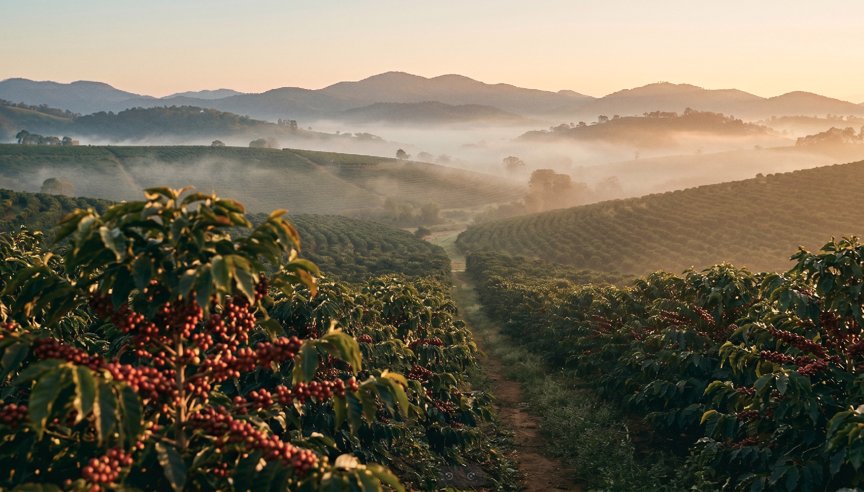 Fazenda de café ao amanhecer, pés com frutos maduros e neblina sobre as montanhas