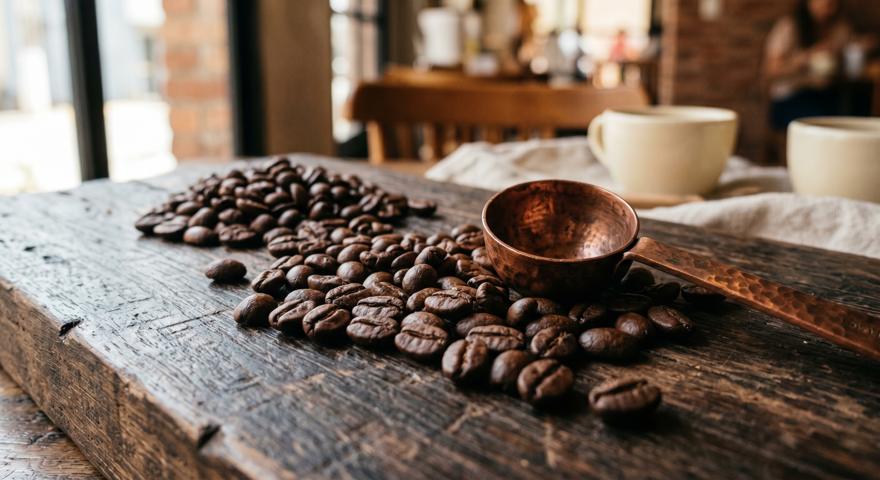 Grãos de café torrados sobre tábua de madeira rústica com colher de cobre