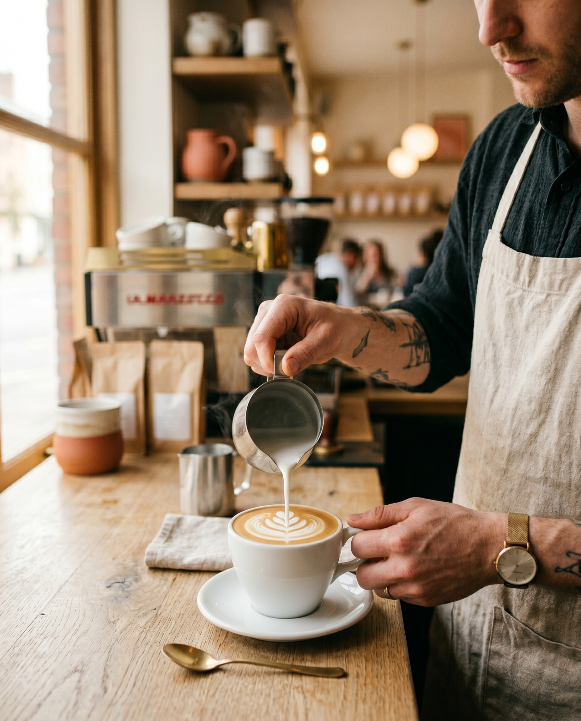 Barista despejando leite vaporizado em uma xícara, criando latte art